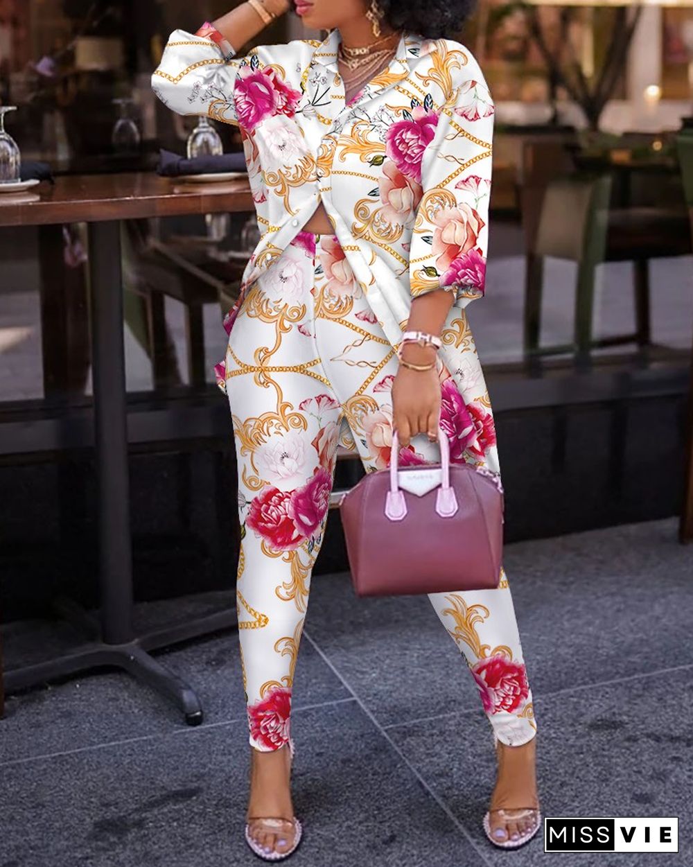 Floral Print Lantern Sleeve Top & High Waist Pants Set