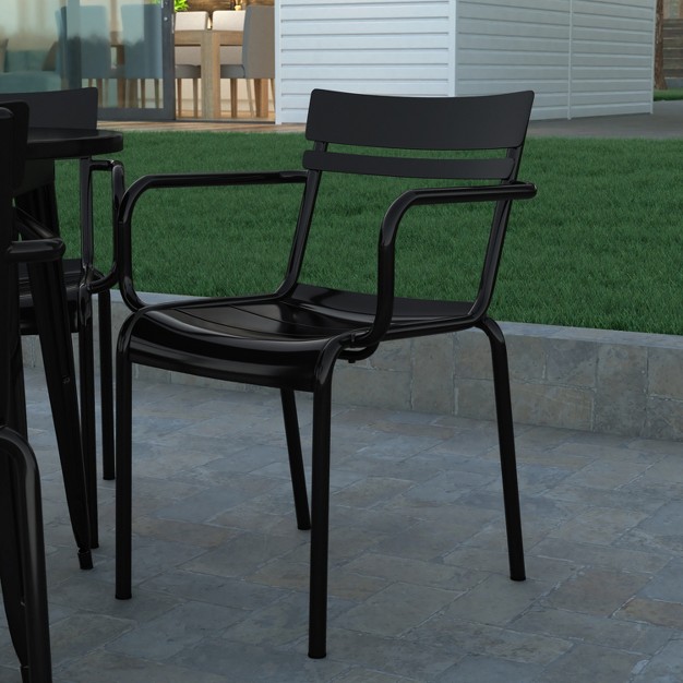 Emma And Oliver Powder Coated Steel Stacking Dining Chair With Arms And 2 Slat Back For Indoor outdoor Use