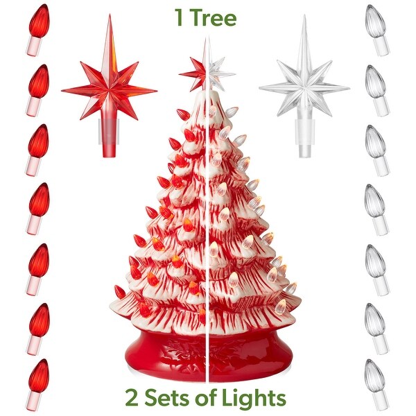 15Inch Red and White Ceramic Christmas Tree，Hand Painted PreLit