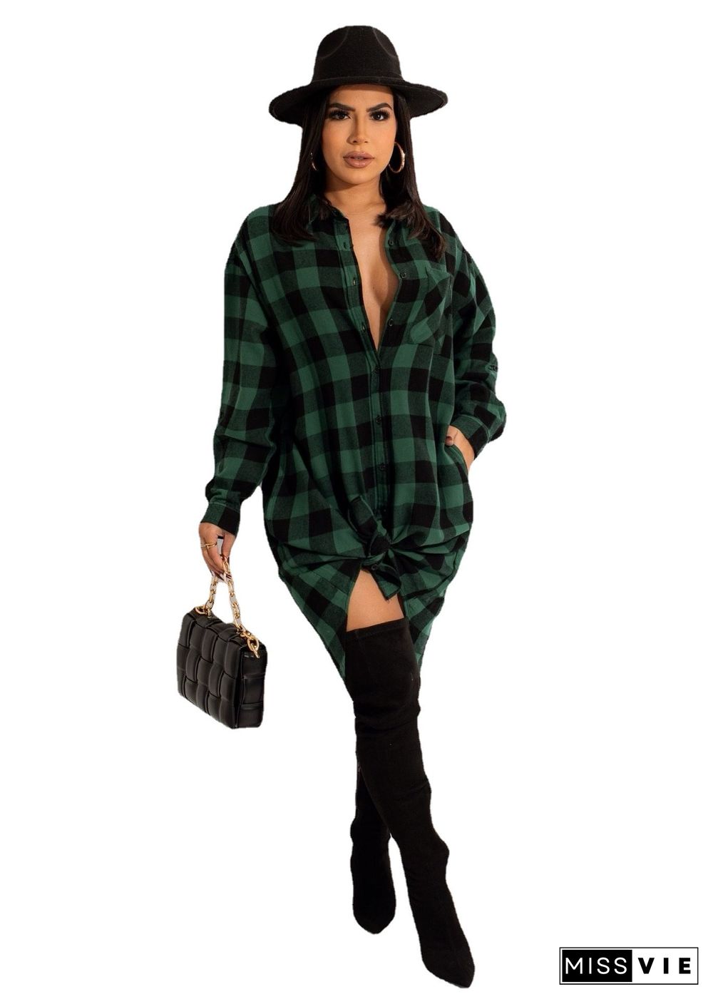 Long Sleeves Single-breasted Plaid Shirt Dress