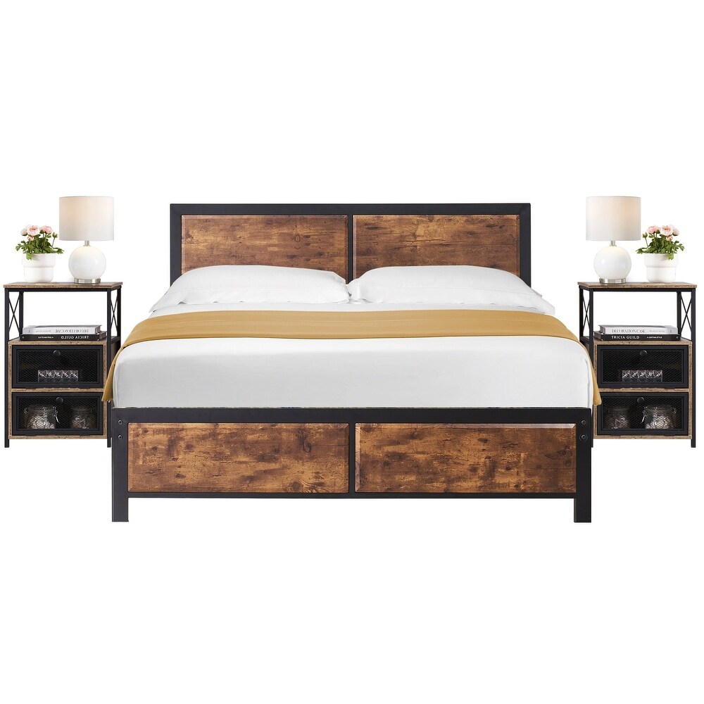 Taomika 3 pieces Bedroom Set Platform Bed and Nightstands Set of 2