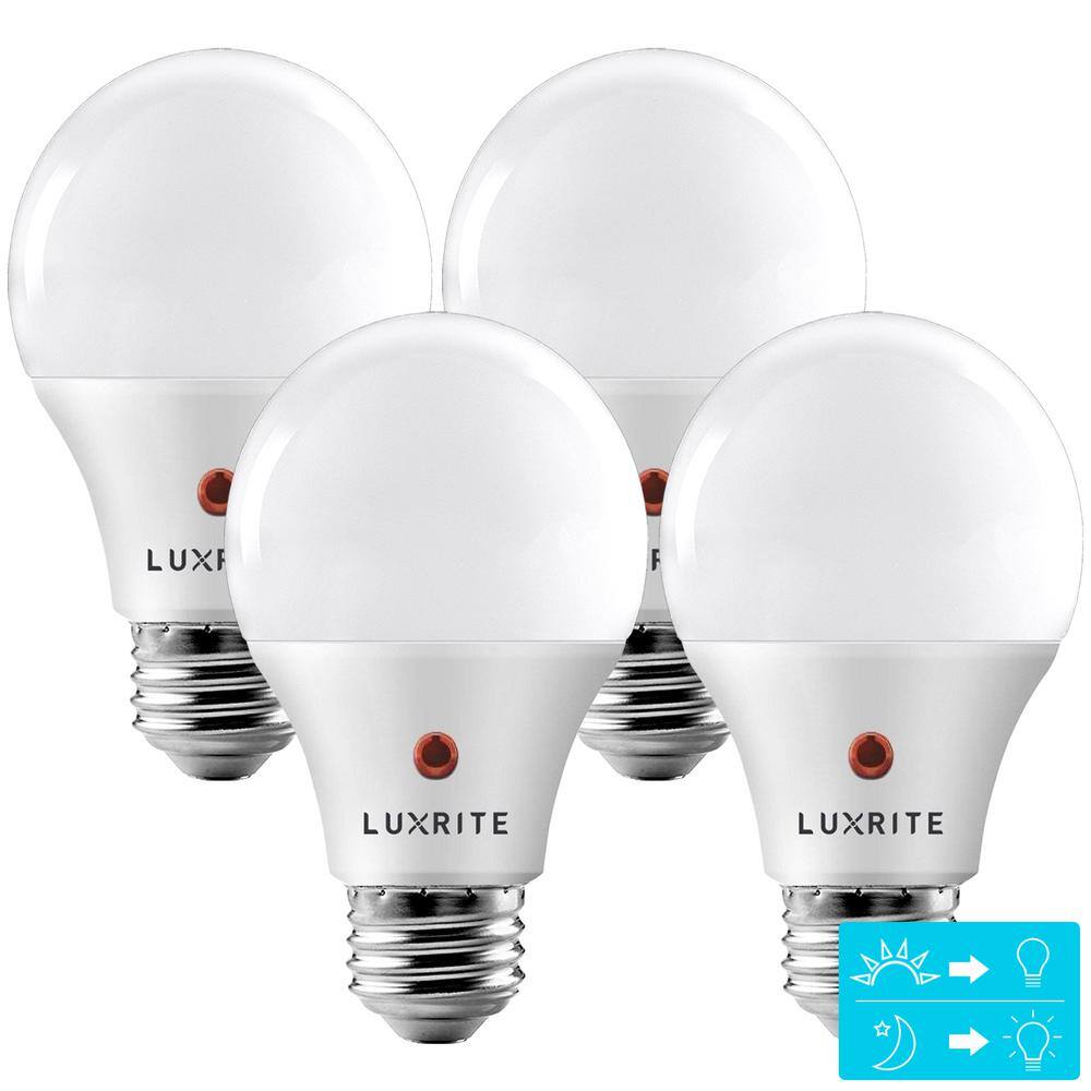 LUXRITE 60-Watt Equivalent A19 E26 Base Dusk to Down Sensor LED Light Bulb 5000K Bright White 4-Pack LR21473-4PK