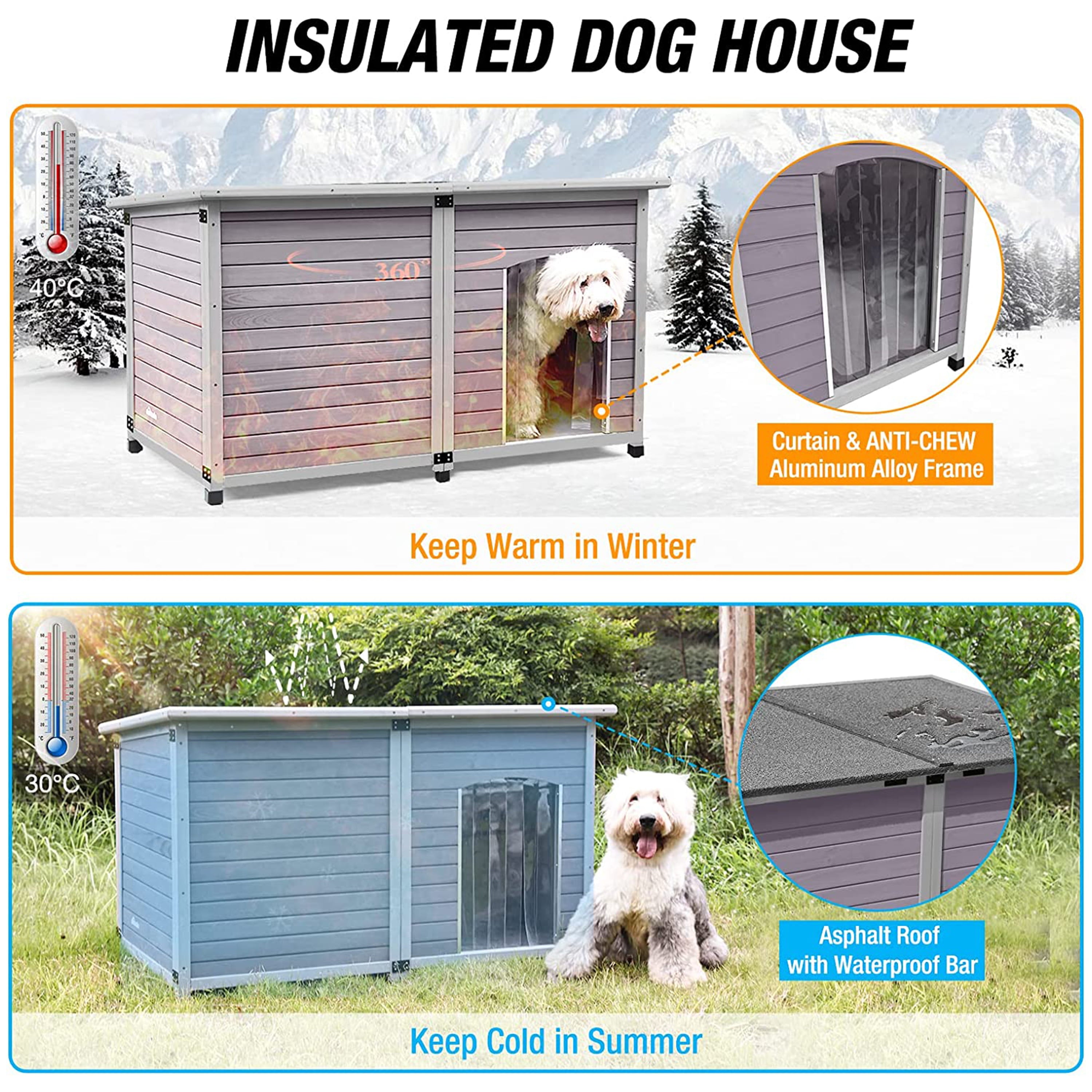 Morgete Wooden Dog House Outdoor Insulated Puppy Kennels for Small， Medium， Large Dogs with Feet， 59.1 Inch