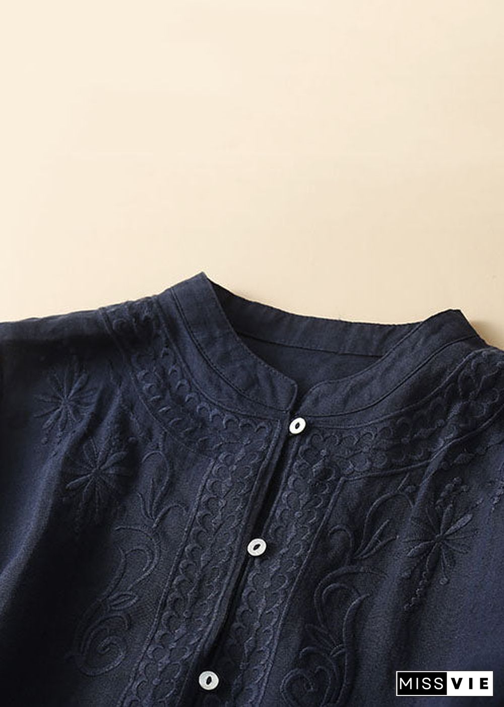 New Navy Embroideried Button Patchwork Linen Shirt Top Summer