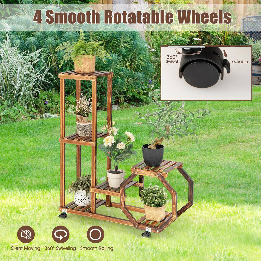 HONEY JOY 6 Potted Plant Stand Rack 100% Pine Wood Flower Pot Holder Shelf Multi-Layer Flower Stand Wheels (6-Tier) TOPB006548