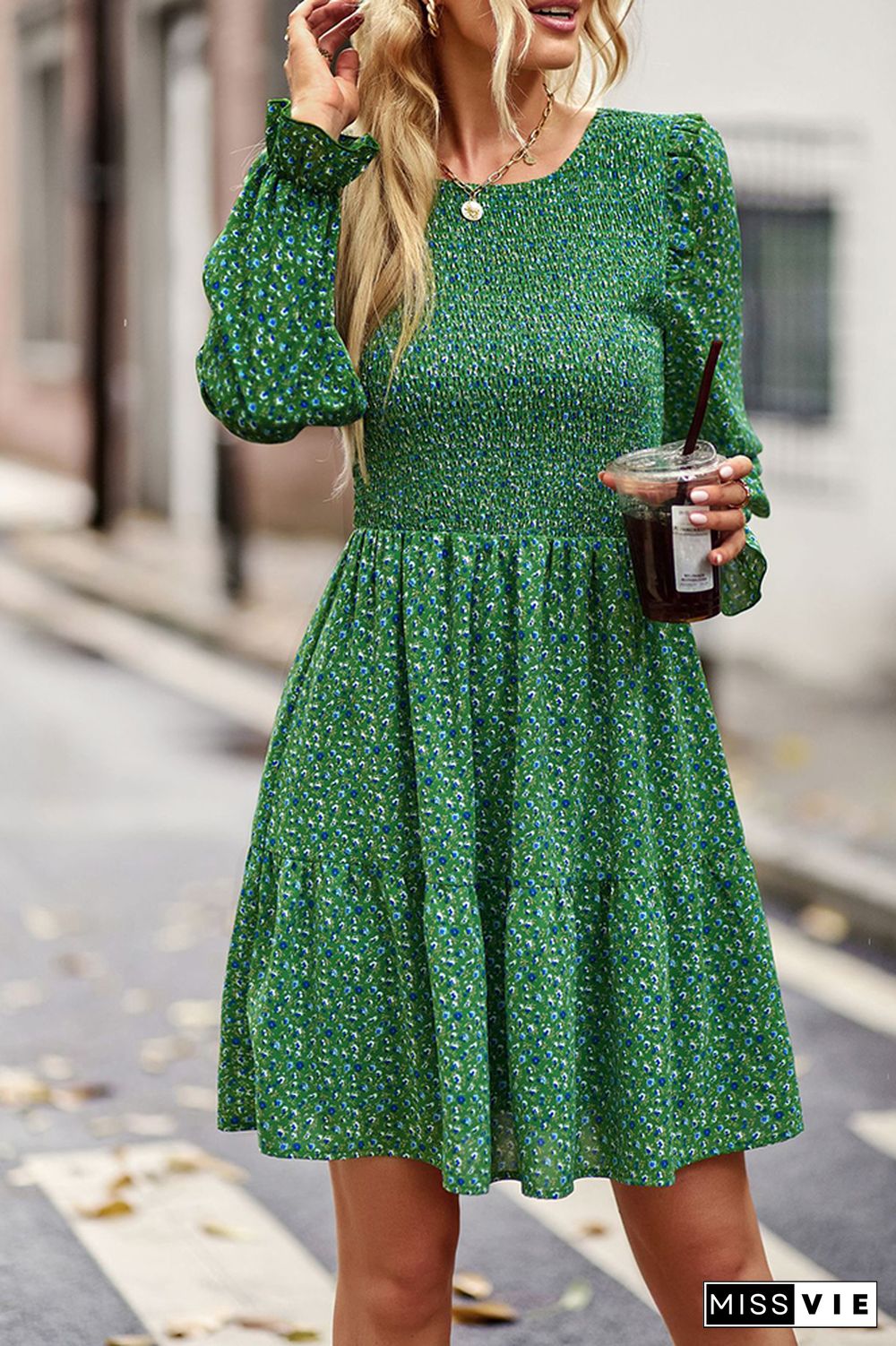 Smocked Puffy Long Sleeves Floral Dress