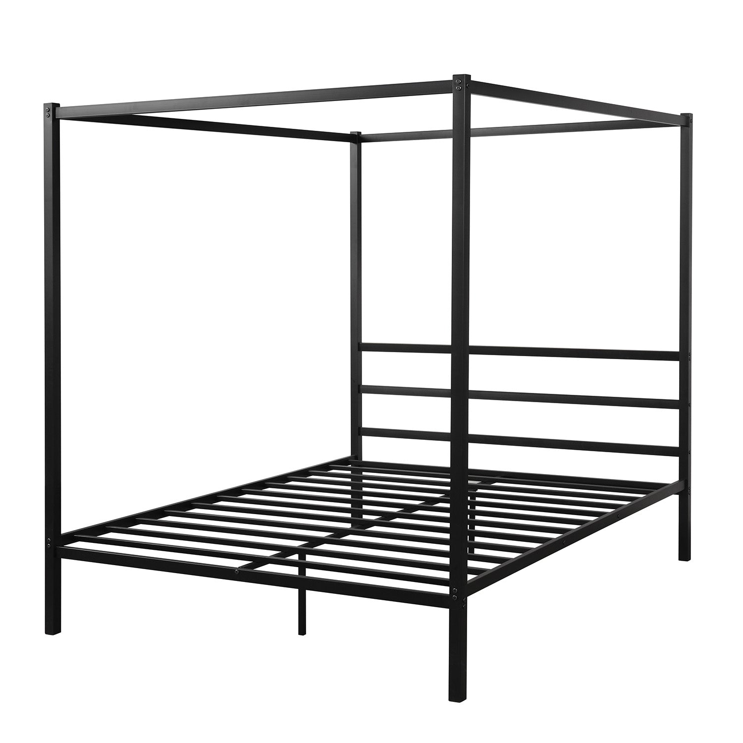 Queen Canopy Bed Black Metal, 4-Poster Bed Frame Upholstered Platform Bed Frame with Headboard for Girls Adults, Easy Assembly