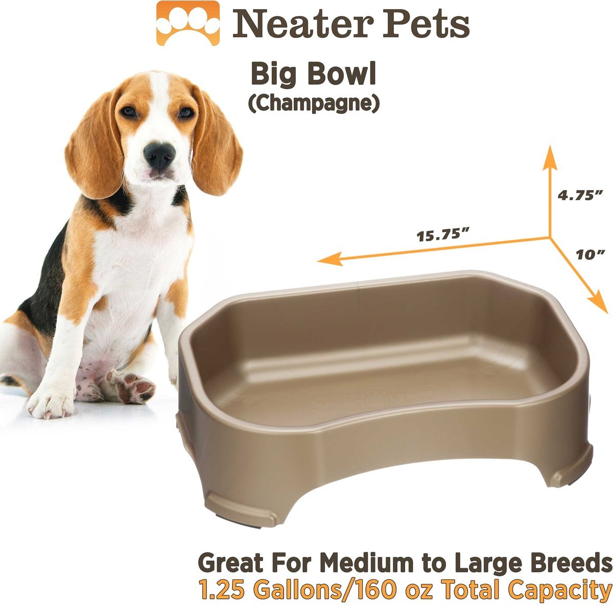 Neater Pets Big Bowl Non-Skid Polypropylene Pet Bowl， Champagne