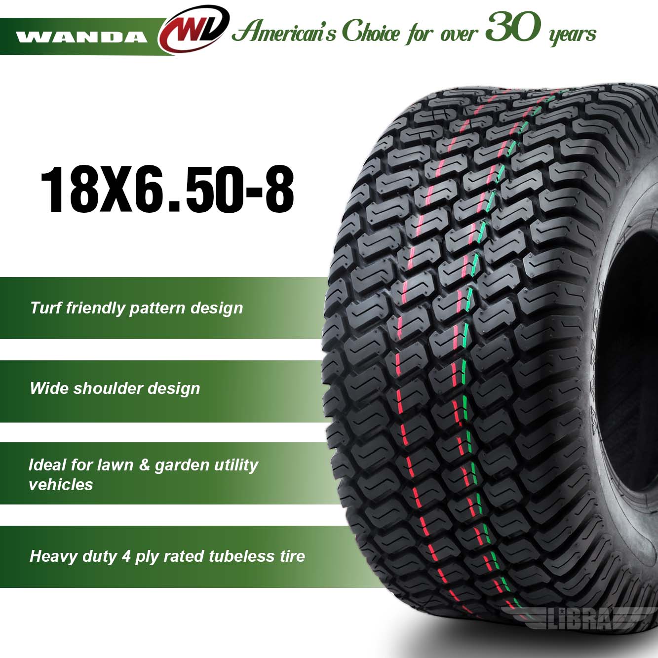 WANDA 18x6.50-8 Lawn Mower Cart Turf Tire P332 /4PR- 13026