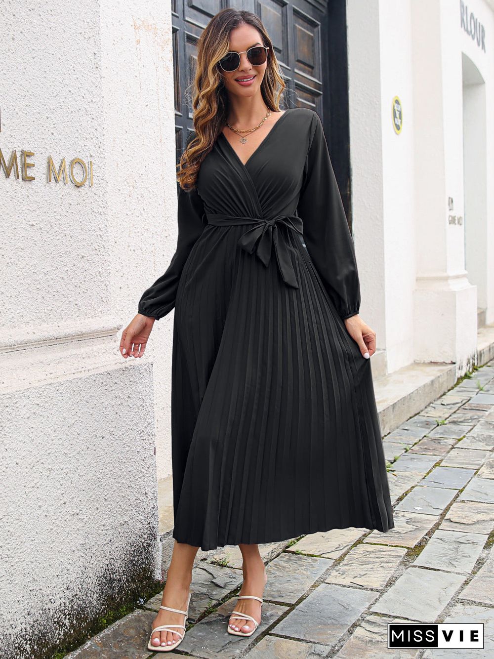 Side Split V Neck Long Sleeve Maxi Dress