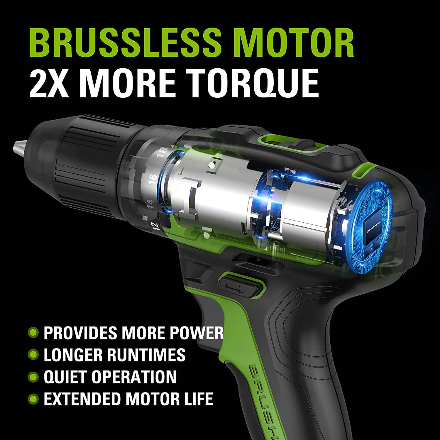 Greenworks 24V Brushless 310 in./lbs Drill / Driver + 1900 in./lbs Impact Driver Combo Kit， (2) USB (Power Bank) Batteries and Dual Port Charger， LED Light， 2pcs Driving Bits with Tool Bag， 1309702AZ