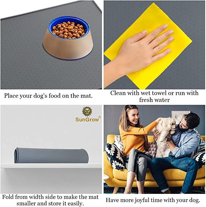 SunGrow Cat and Dog Food Mat for Treats and Water Bowls， Waterproof and Non-Slip Silicone Pet Feeding Pad