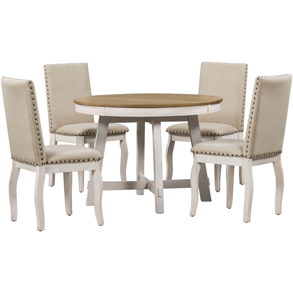 5 Piece Wood Round Extendable Dining Table with 4 Upholstered Dining Chairs