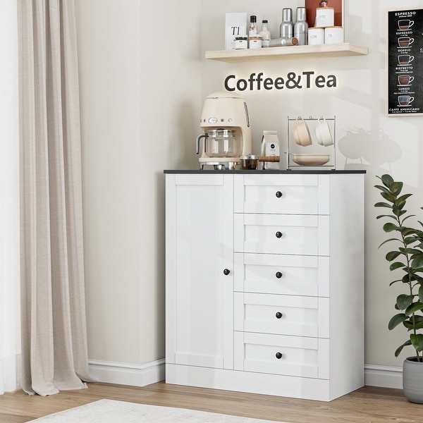 5 Drawer Dresser with Door， White Storage Cabinet with Drawers and Shelves， Modern Chest of Drawers Closet Organizers - - 37668247