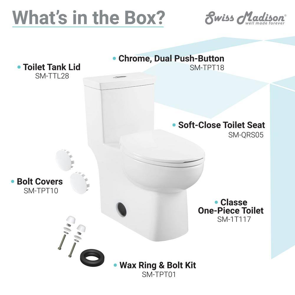 Swiss Madison Classe 1-Piece 0.8 GPF1.28 GPF Dual Flush Elongated Toilet in White Seat Included SM-1T117