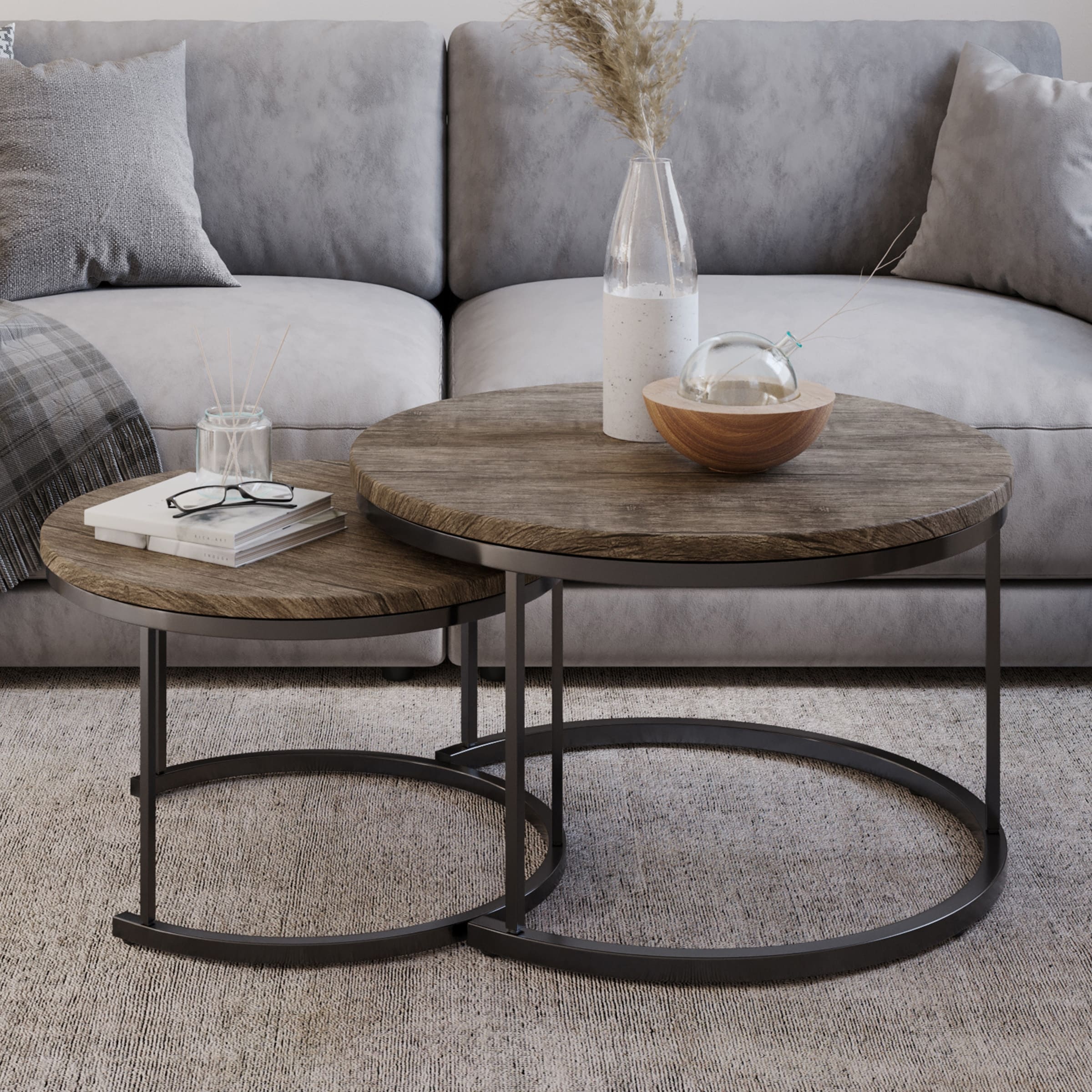 Round Coffee Table Set - 2-Piece Nesting Tables by Lavish Home (Gray-Brown)