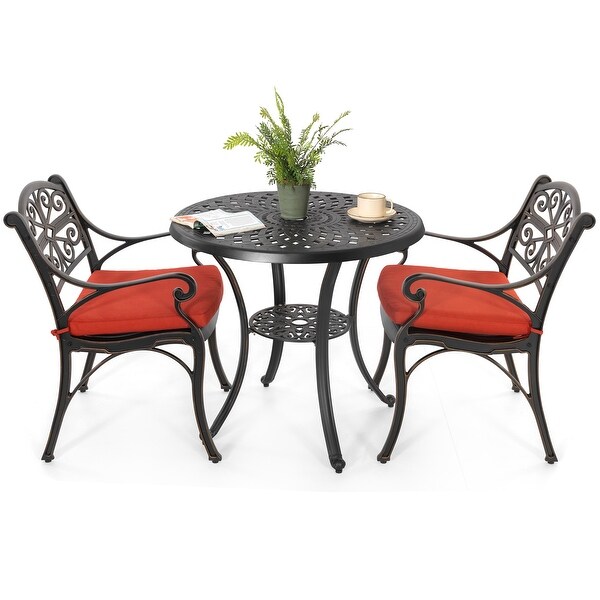 Nuu Garden Patio 3Piece Cast Aluminum Bistro Set with Umbrella Hole and Cushions