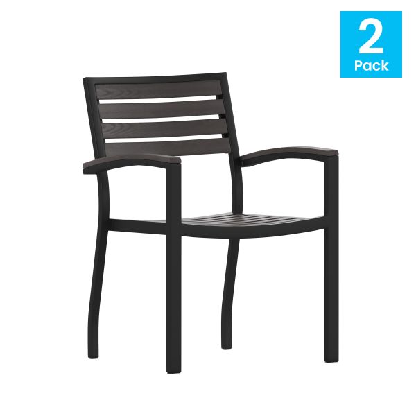 Lark Set of 2 Outdoor Stackable Faux Teak Side Chairs - Commercial Grade Black Aluminum Patio Chairs with Synthetic Gray Wash Faux Teak Slats