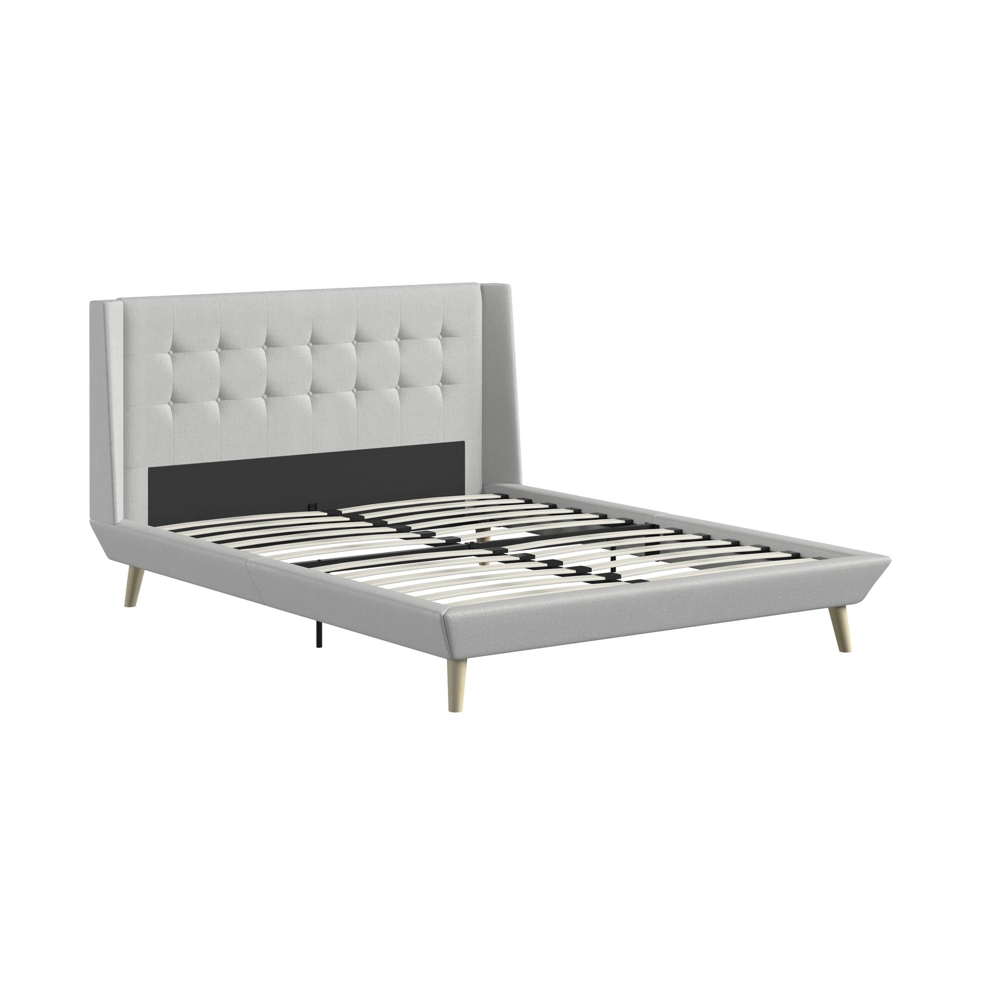 Queer Eye Farnsworth Upholstered Bed with Low Profile Platform Frame, Queen, Light Gray Linen