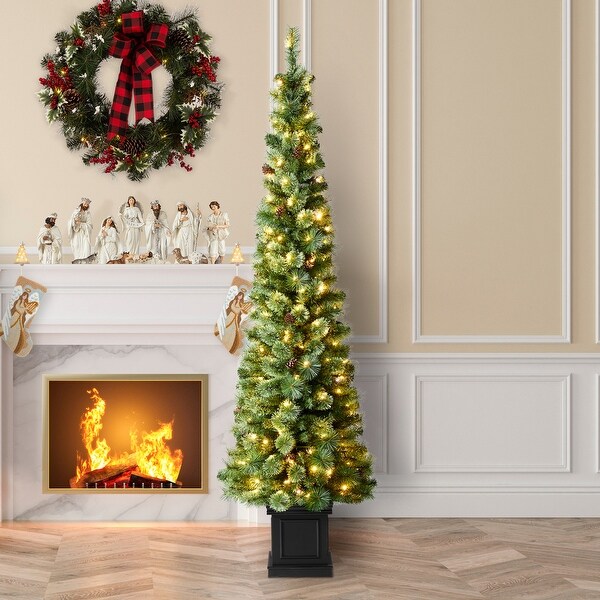 Glitzhome 7ft PreLit Slim Pine Christmas Potted Porch Trees With 200 LED Lights