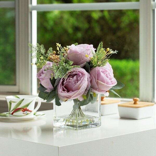 Mixed Peony Artificial Flowers in Vase with Faux Water，Silk Flower Arrangements in Vase for Home Decor，Wedding Table