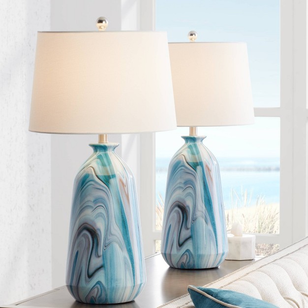 Tall Set Of 2 Swirling Blue Faux Marble White Tapered Drum Shade For Bedroom Living Room Bedside