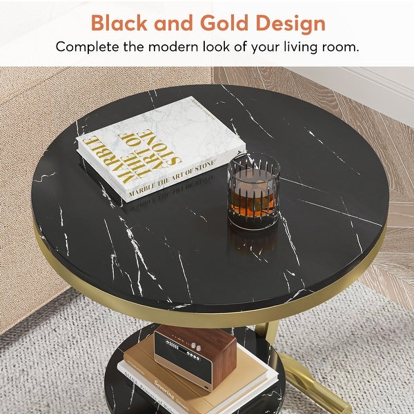 2-Tier Round Sofa Side Table， Faux Marble End Table， 20'' Beside Table with Storage Shelf，C-Shaped Base Metal Legs