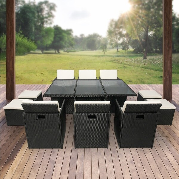 11 Pieces Patio Rattan Dining Sets with Glass Table -  - 37385316