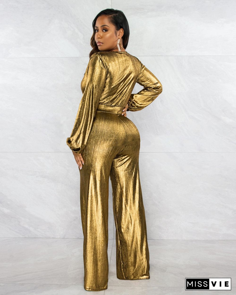 Fashion Sexy Slim Long Sleeve Wide Leg Jumpsuit