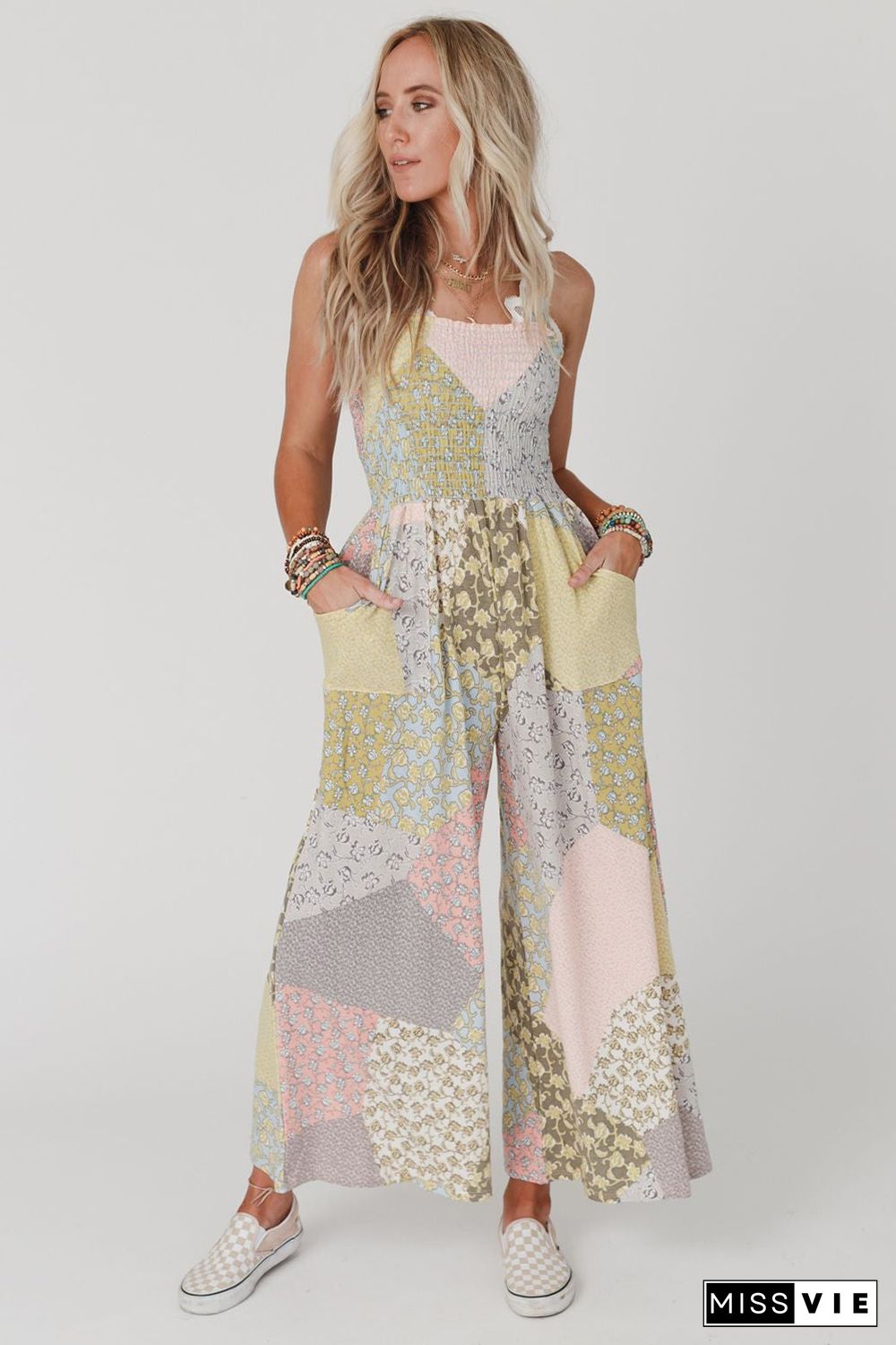 Multicolor Irregular Patchwork Print Smocked Wide Leg Jumpsuit