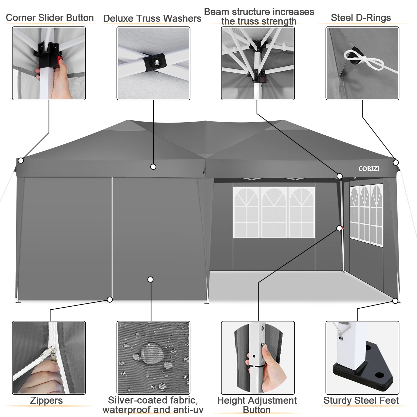 10' x 20' EZ Pop Up Canopy Tent Party Tent Outdoor Event Instant Tent Gazebo with 6 Removable Sidewalls and Carry Bag, Gray