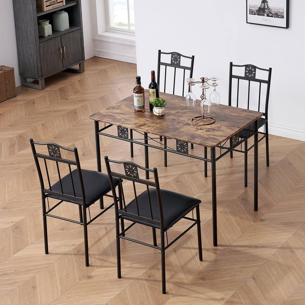 VECELO 5-Piece Dining Table Set Wooden Kitchen Table 1 Table 4 Chairs Metal Legs Rectangular Dining Table Sets，42.1L Brown KHD-XJM-TC07