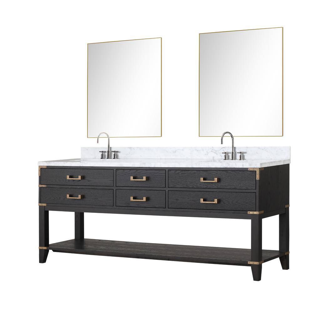 Lexora Irvington 80 in W x 22 in D Black Oak Double Bath Vanity Carrara Marble Top Faucet Set and 36 in Mirrors LVI80DJ111