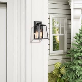 LNC Modern Matte Black 1-Light Lantern Outdoor Sconce Industrial Linear Outdoor Wall Light with Seeded Glass Shade REQVUNHD1411987