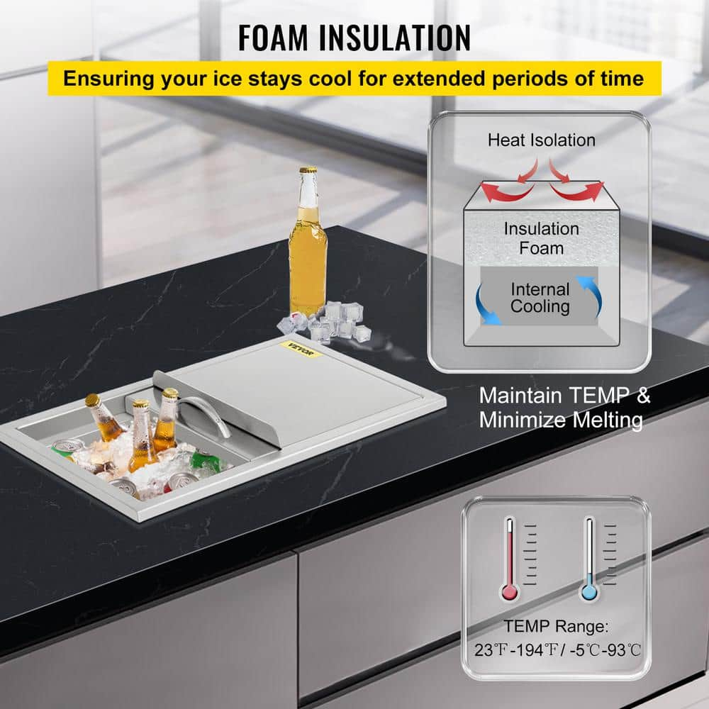 VEVOR 121.5 Qt. Drop in Ice Chest with Sliding Cover 27 in. x 18 in. x 21 in. Stainless Steel Ice Bin for Dinner Party JG18X27X210000001V0