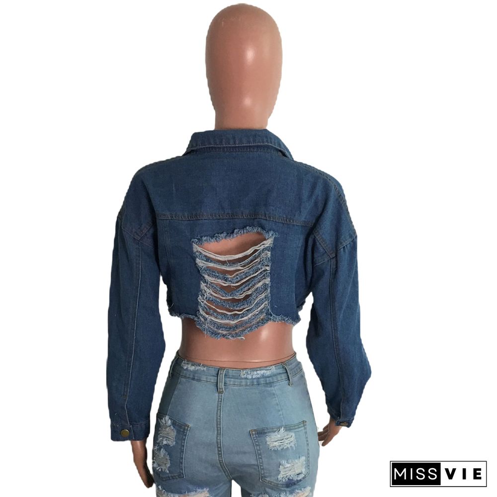 Long Sleeve Streetwear Ripped Hole Denim Jackets