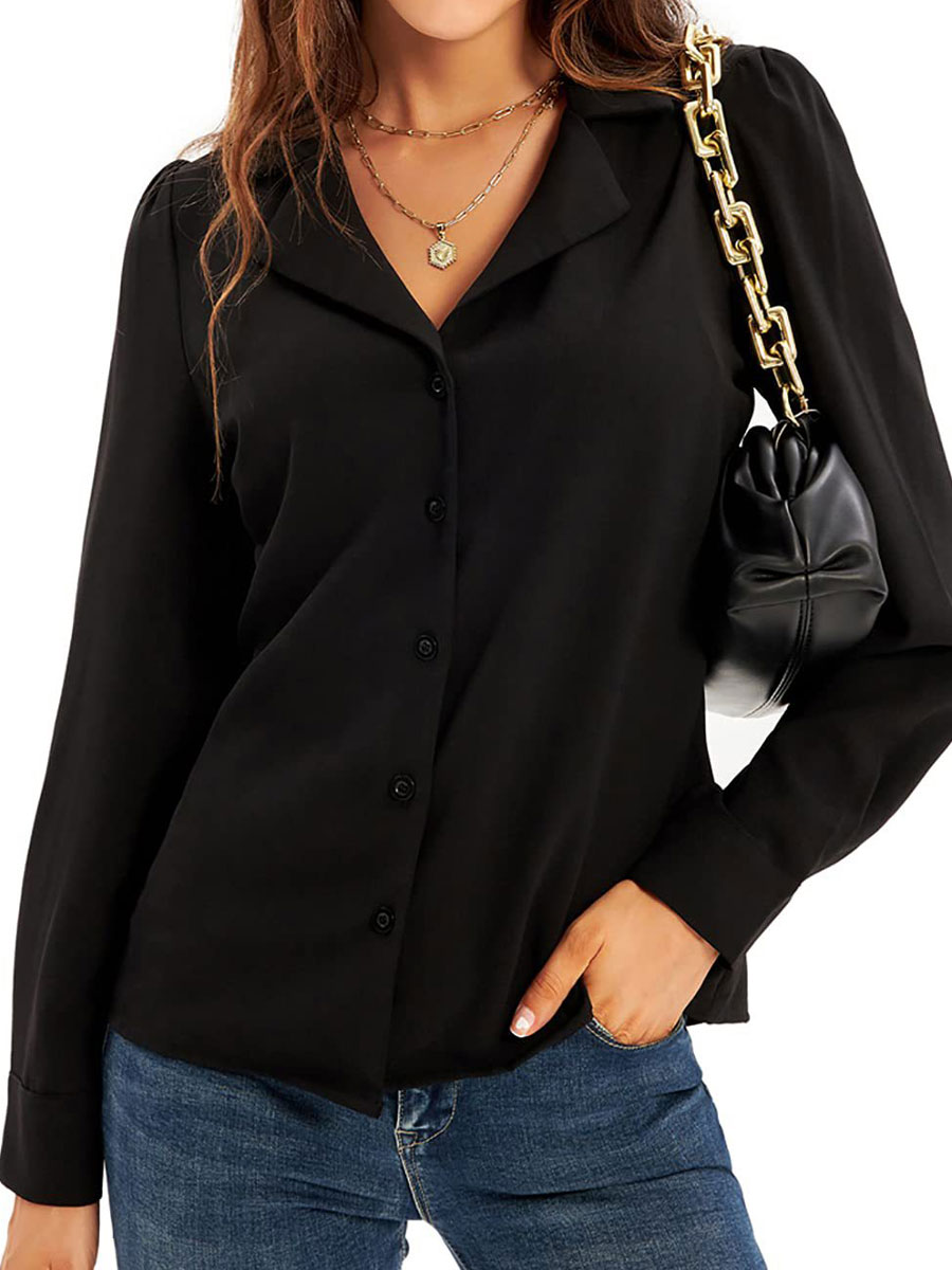 Casual Loose Solid Color Lapel Long Sleeve Blouse