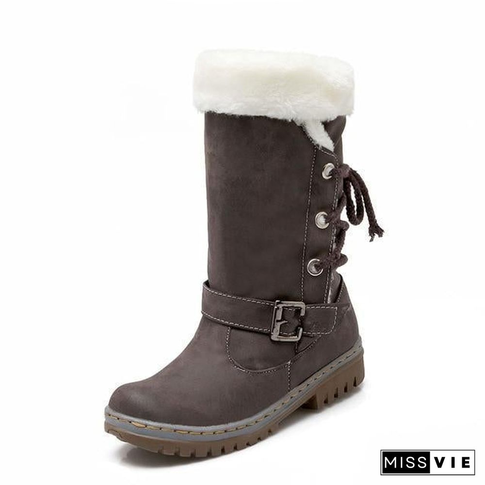 Women Leather Warm mid-calf Plush Fur Velvet Boots Booties Snow Shoes