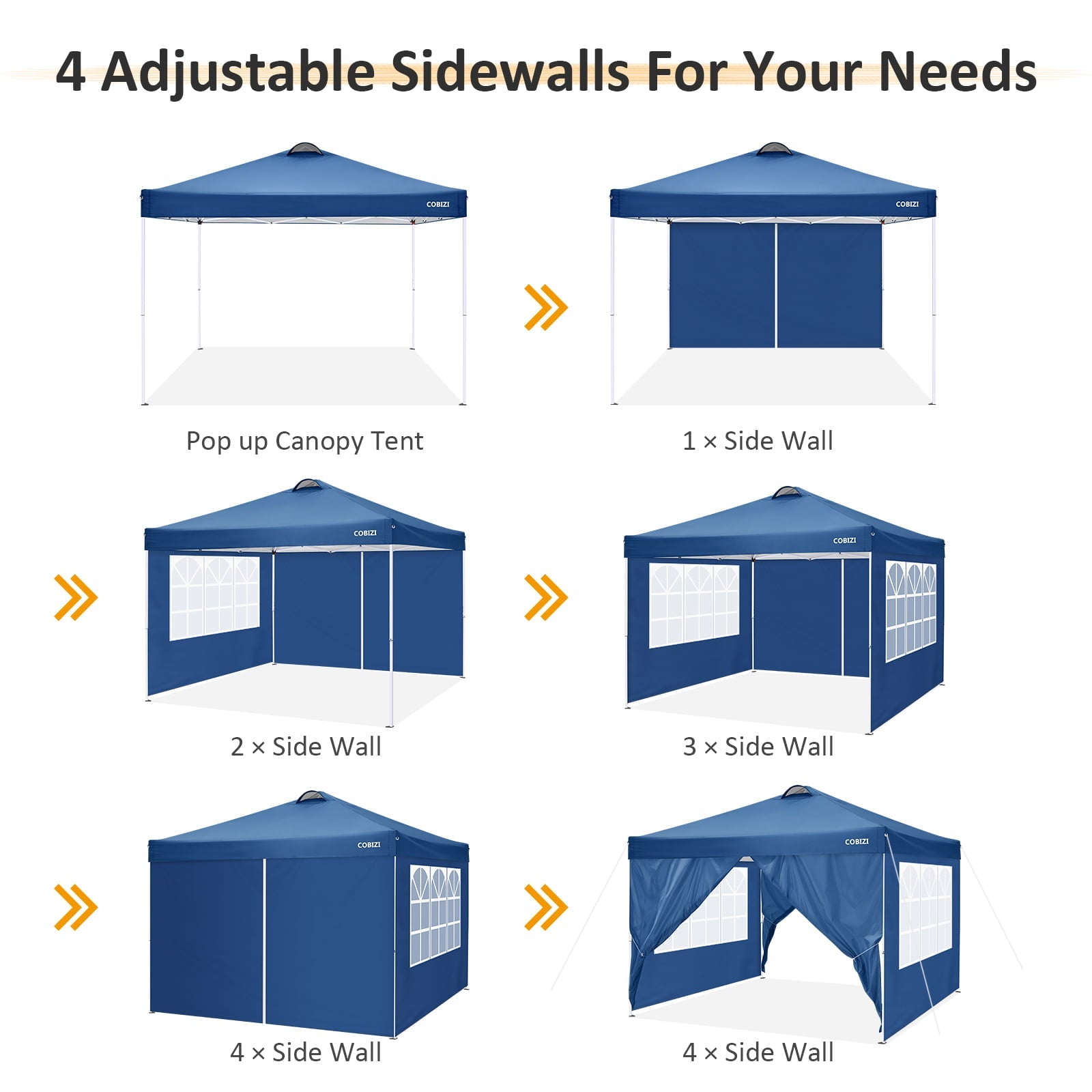 COBIZI Canopy 10' x 10' Pop Up Canopy Tent Heavy Duty Waterproof Adjustable Commercial Instant Canopy Outdoor Party Canopy with 4 Removable Sidewalls, Carry Bag, 4 Sandbags, Blue