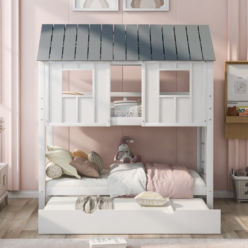 Wooden House Bunk Bed with Trundle Roof and Windows White