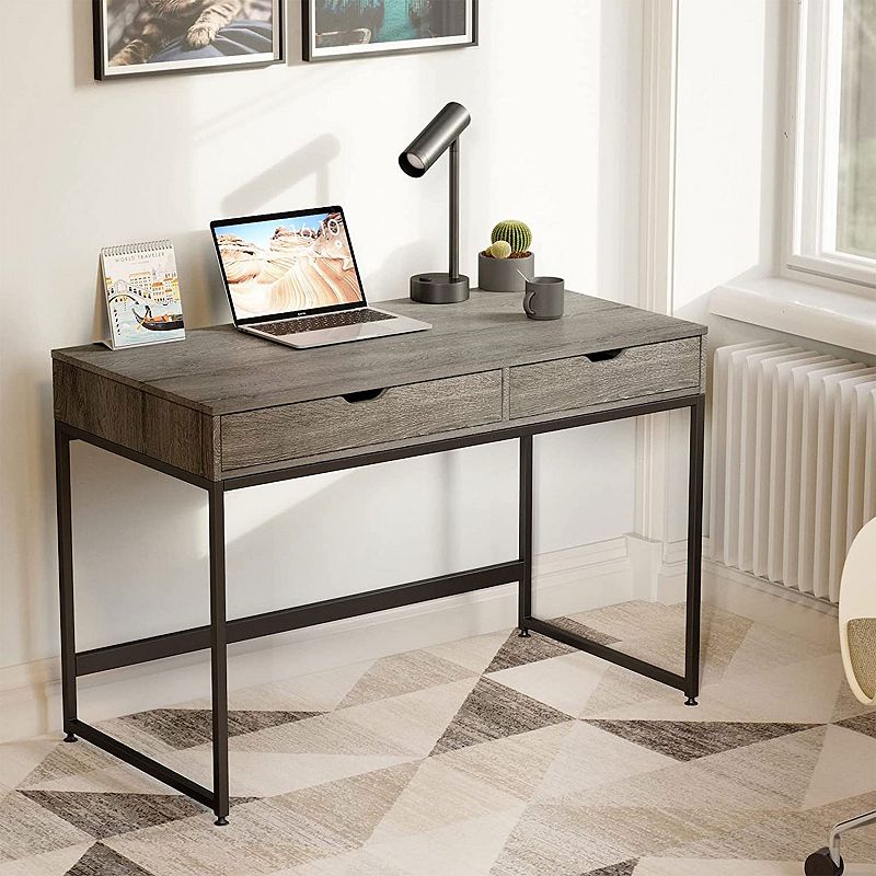 Bestier Office Writing Computer Workstation Home Office Desk w/ 2 Drawers， Gray