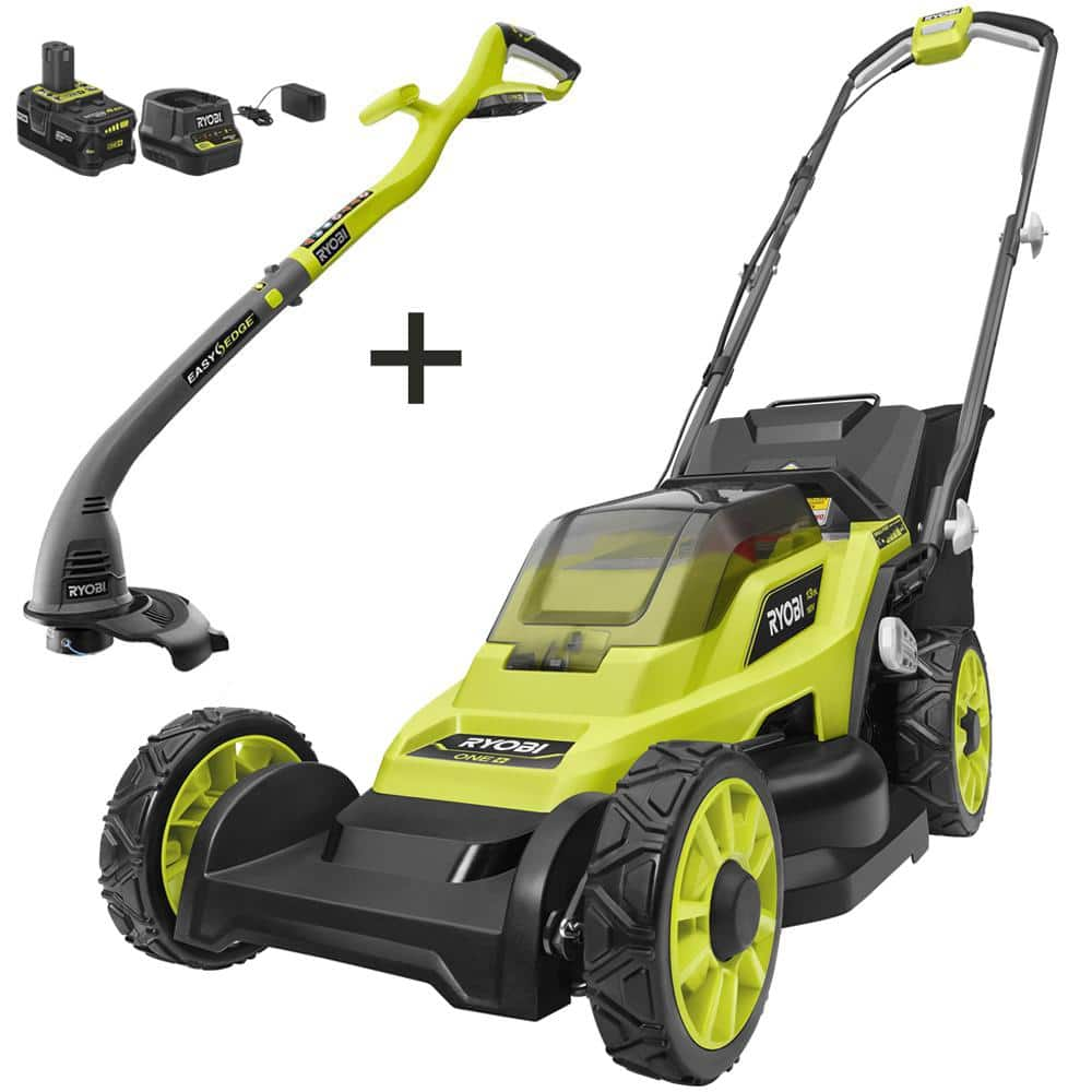 RYOBI ONE+ 18V 13 in. Cordless Battery Walk Behind Push Lawn Mower & String Trimmer with 4.0 Ah Battery and Charger P1180-4X