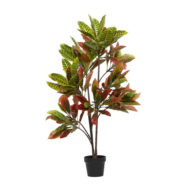 Green Faux Foliage Croton Artificial Plant with Realistic Leaves and Black Plastic Pot