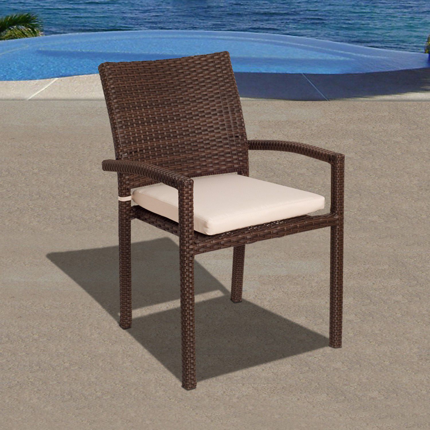 4-Piece Brown Liberty Wicker Patio Armchair Set 35 - Off-White Cushions