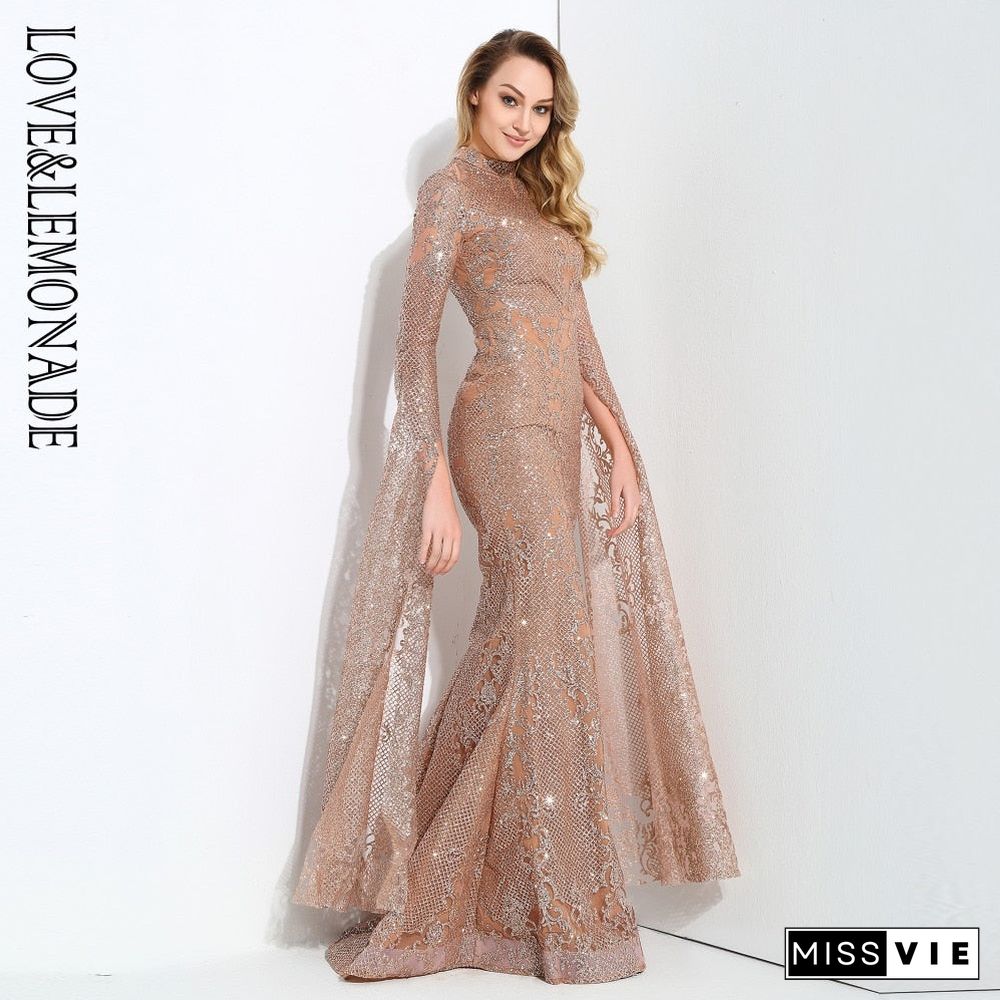 Rose Gold Cut Out Speaker Long Sleeve Geometry Glitter Glued Long Dress LM80950