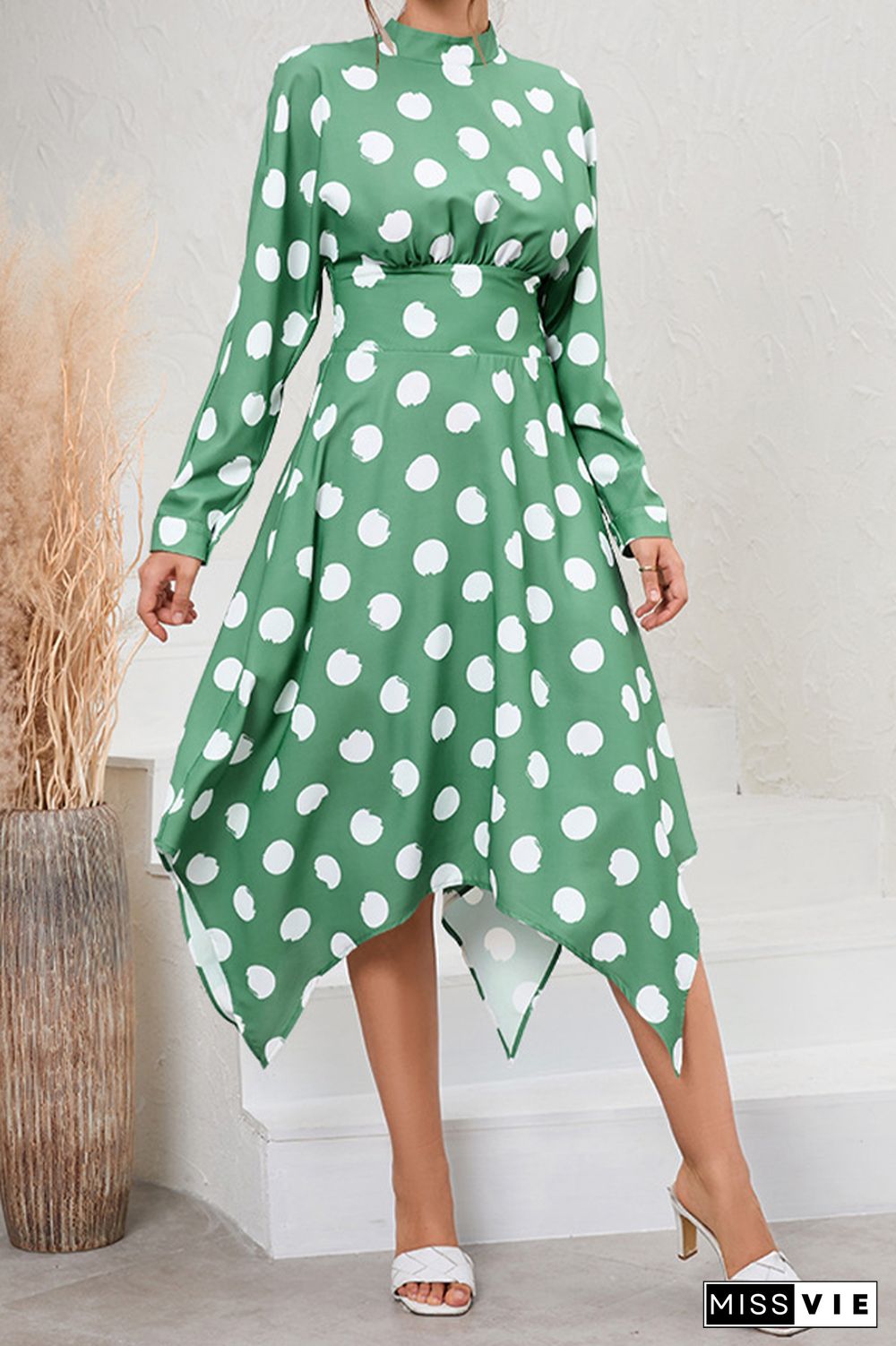 Long Sleeve High Waist Polka Dot Dress