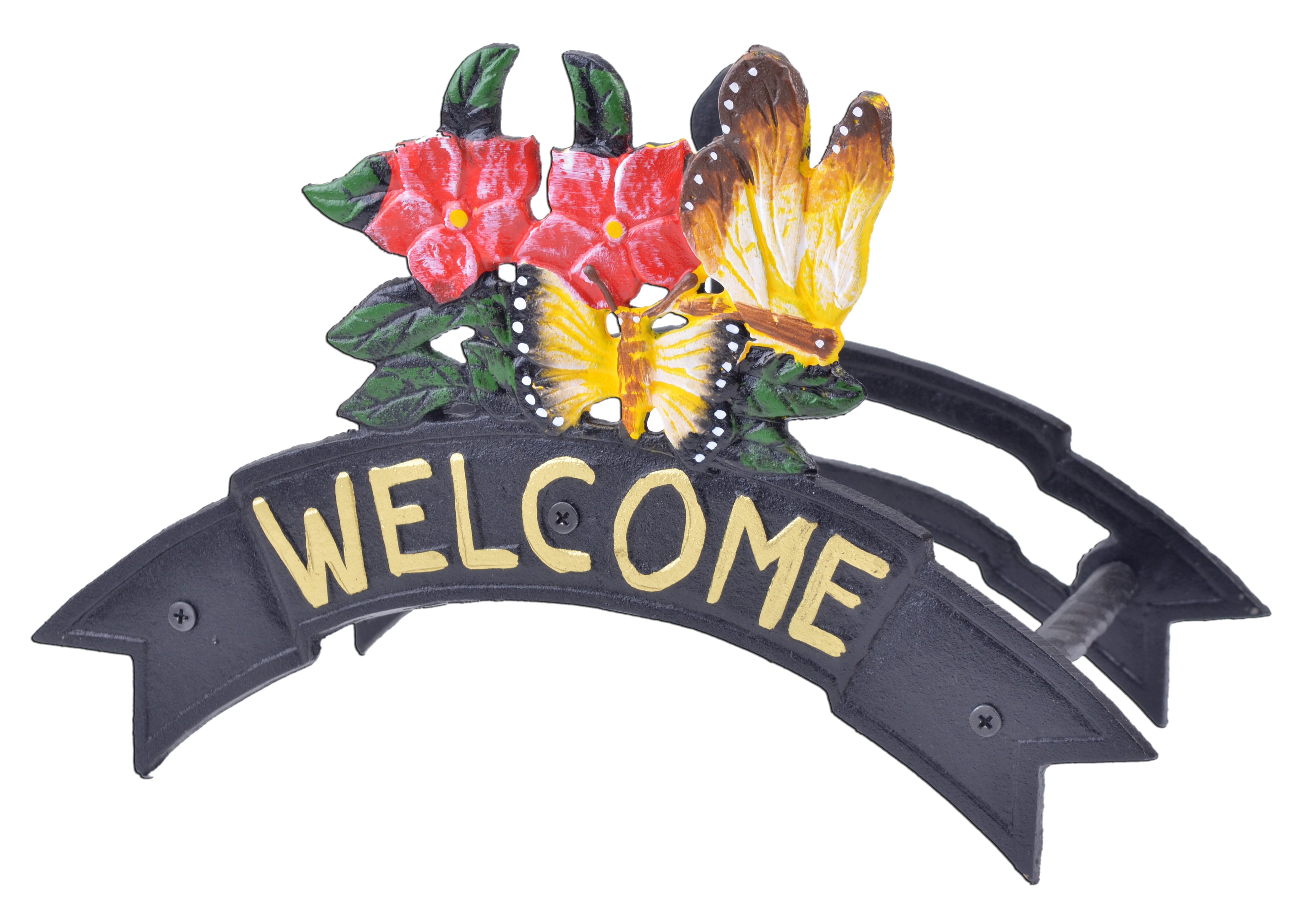 Welcome Garden Hose Holder - Butterflies and Flowers - Black Cast Iron - 12.38