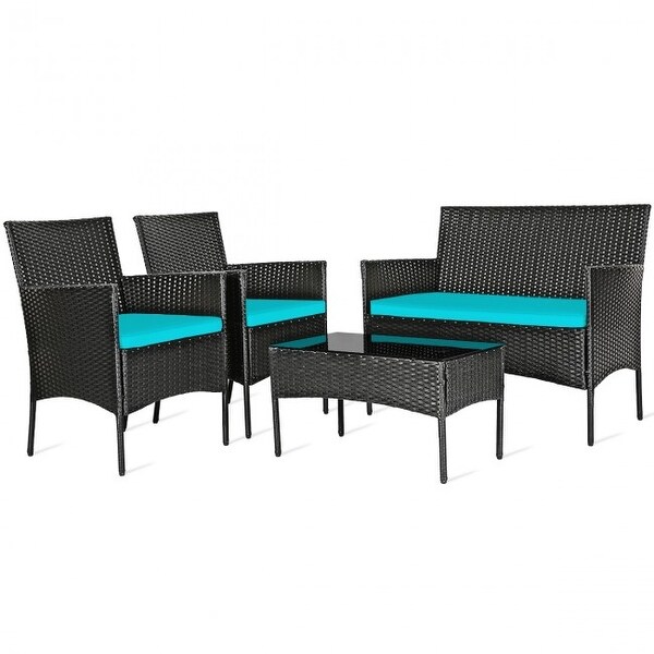 4 Pcs Patio Rattan Cushioned Sofa Furniture Set with Tempered Glass Coffee Table - 24