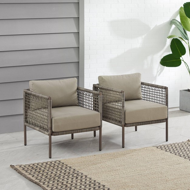 Cali Bay 2pk Outdoor Wicker Arm Chairs Taupe light Brown Crosley