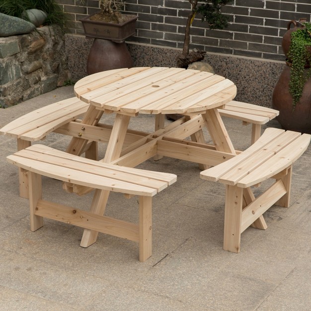 Gardenised Wooden Outdoor Patio Garden Round Picnic Table With Bench 8 Person Natural